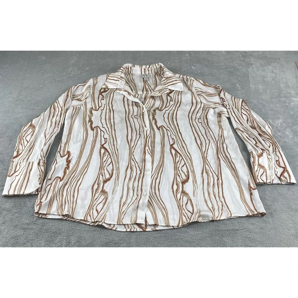 Worthington Women's Blouse XL Ivory Brown Button Up Casual C16
